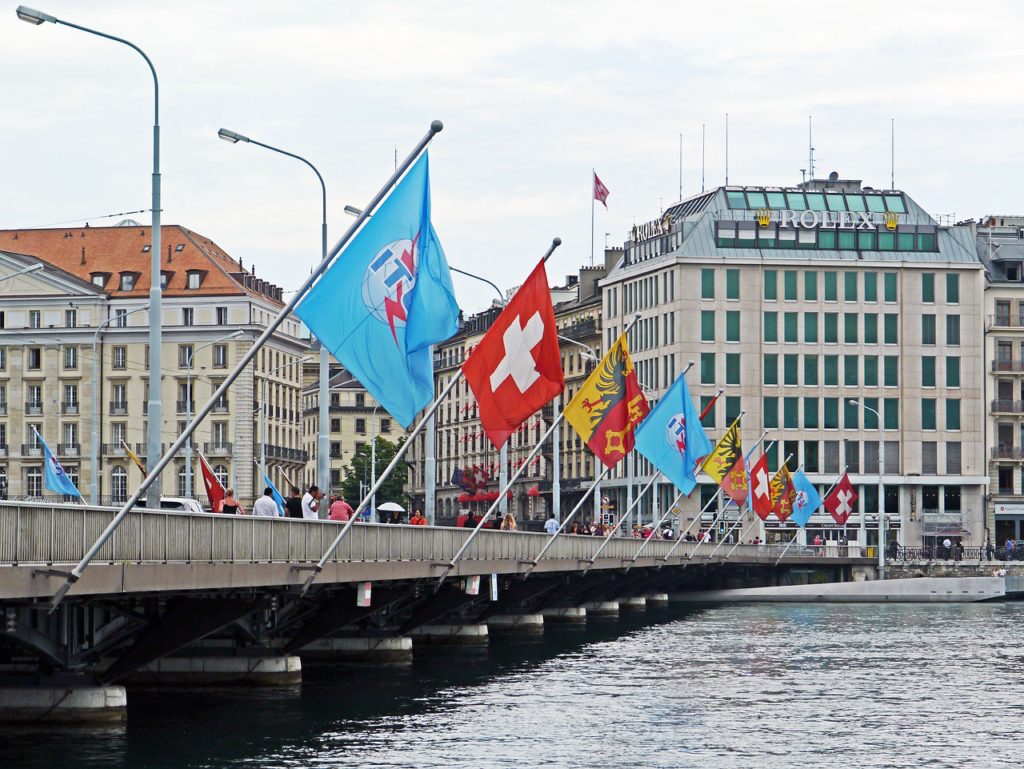 bridge with flags in Geneva