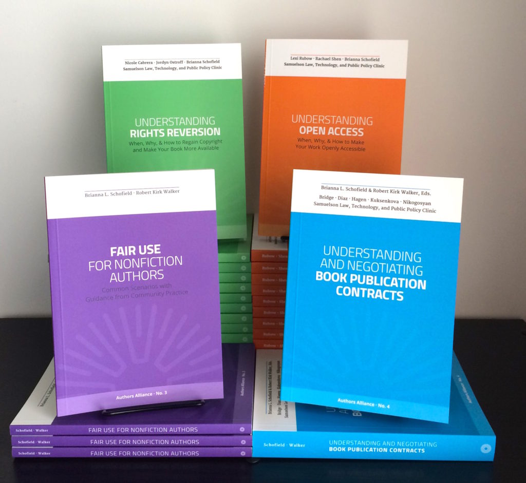 Four Authors Alliance guidebooks displayed on a shelf