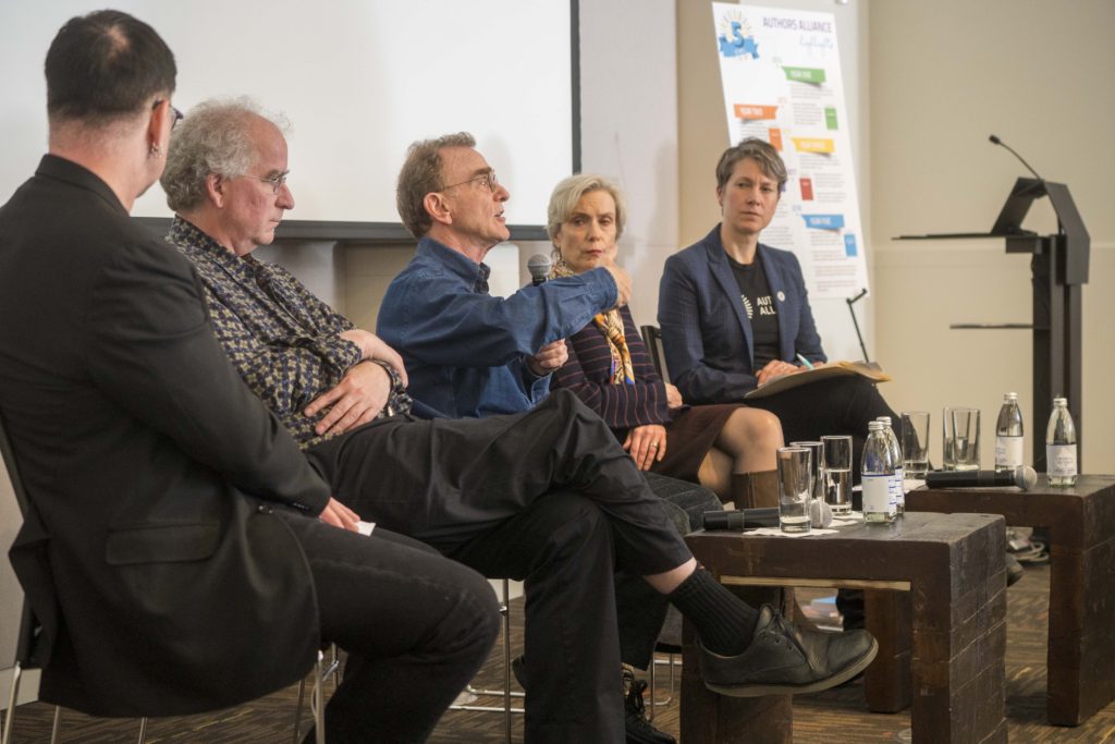 Photograph of panel: Jeff MacKie Mason, Brewster Kahle, Randy Schekman, Abby Smith Rumsey, and Molly Shaffer Van Houweling