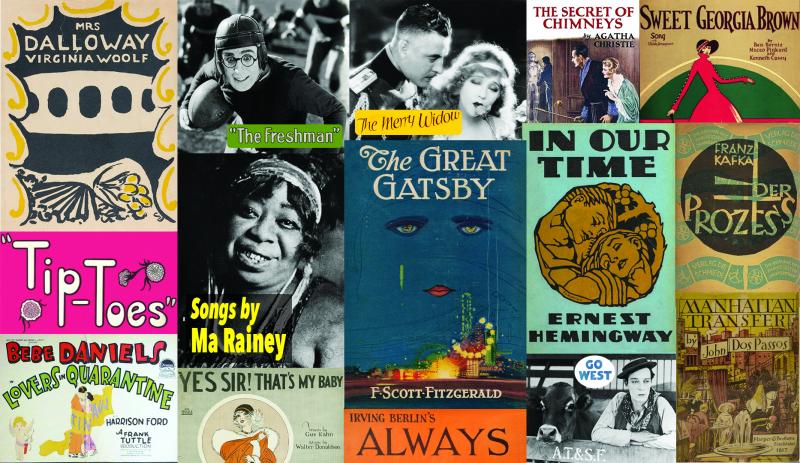 Montage of book and film covers of works entering the public domain