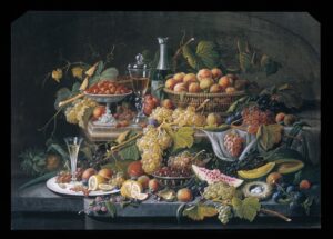 a still life painting of fruit in a bountiful display