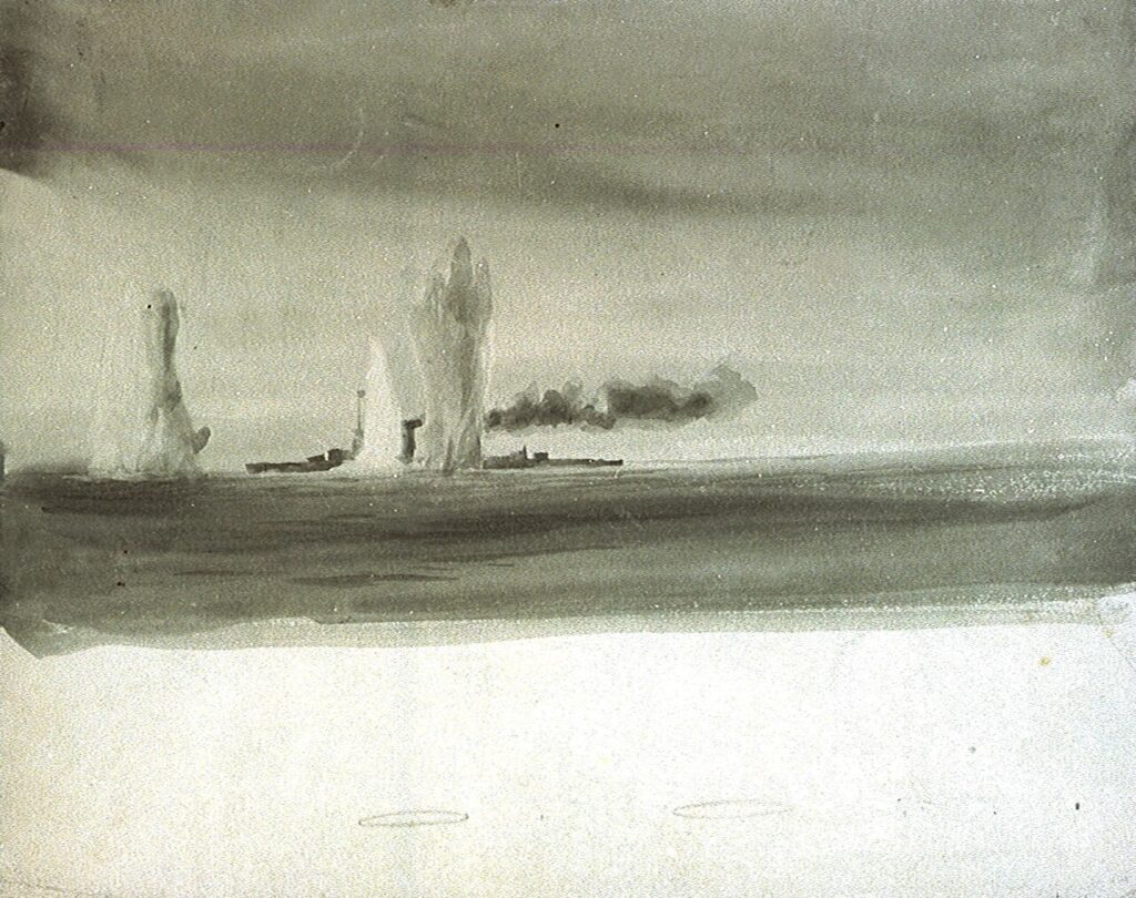 A_'Lion'-class_battlecruiser_in_action_at_the_Dogger_Bank_or_Jutland_RMG_PV3151 a grey scale painting of a distant battlecruiser with smoke billowing out