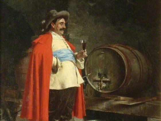 Conti, Tito, 1842-1924; Approved Approved by Tito Conti, a painting of a man approving a barrel of aged alcohol