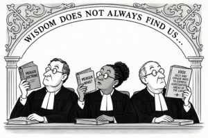 A ChatGPT-rendered variation on the illustration we used when we first wrote about Judge Bibas’s February 11, 2025 ruling (“Wisdom does not always find me.”). We sincerely hope this series will end with only three judges getting merger doctrine spectacularly wrong.  